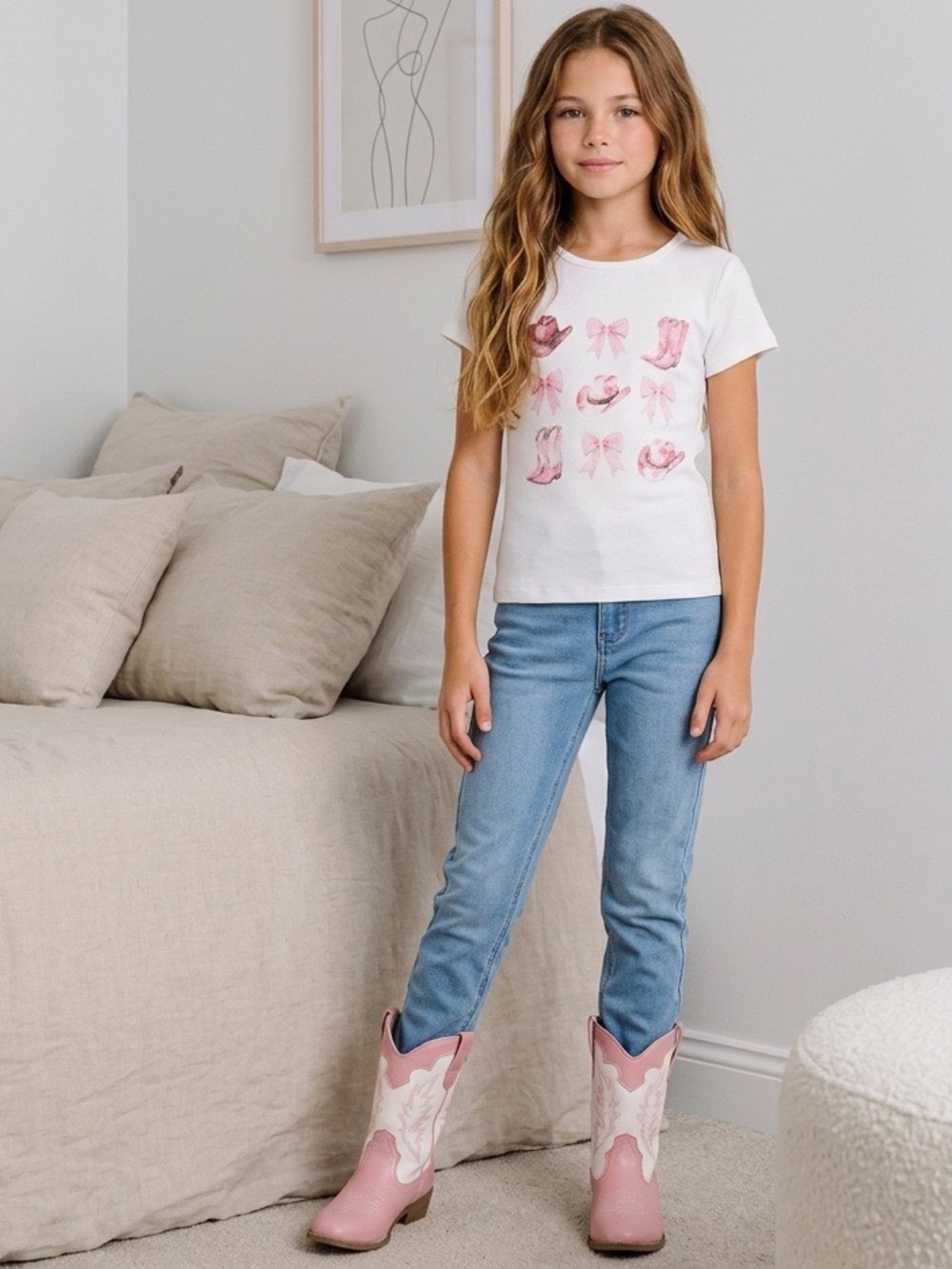 Full Tilt Girls Pretty Western Tee Ivory Pink Cowboy Boots Bows XS NWT